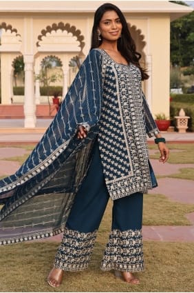 Ensemble palazzo brodé en georgette turquoise pour l'Aïd PZ4243