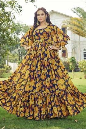 Robe de soirée imprimée jaune et bleu marine en georgette GW1322