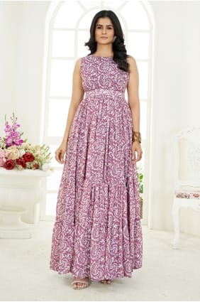 Robe longue en georgette imprimée rose avec dupatta GW1298
