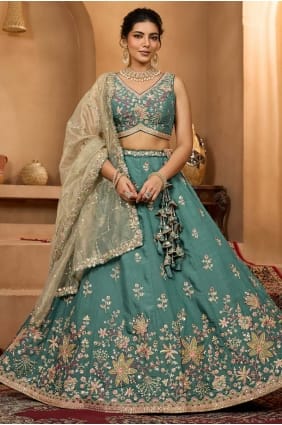 Lehenga Choli en georgette verte brodée LC8805