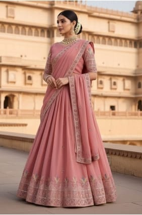 Lehenga Choli en georgette rose brodée LC8963