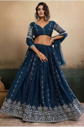 Lehenga Choli brodé en georgette turquoise avec dupatta LC8986