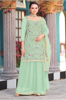 Ensemble Lehenga Eid en Georgette avec broderies vert d'eau LS072