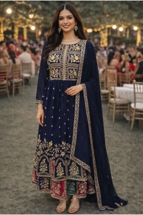 Ensemble Lehenga bleu marine brodé en georgette LS093