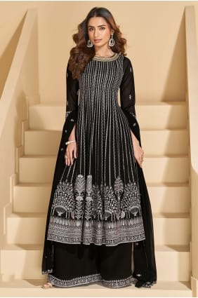 Ensemble palazzo en georgette noire brodée avec dupatta PZ4477
