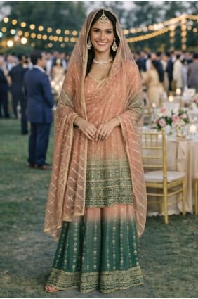 Ensemble palazzo en georgette brodée couleur pêche avec dupatta PZ4321