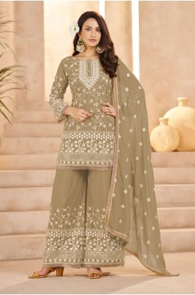 Ensemble palazzo beige en georgette avec dupatta, idéal pour l'Aïd. PZ4317
