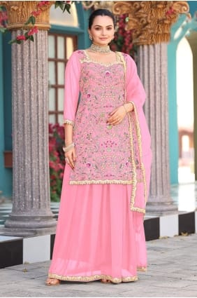 Lehenga Choli en georgette brodée rose LS079