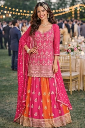 Ensemble Lehenga en georgette rose avec broderies LS086