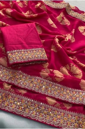 Sari rose en georgette brodée SR29342