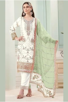 Salwar Kameez brodé en georgette blanche G SK156033
