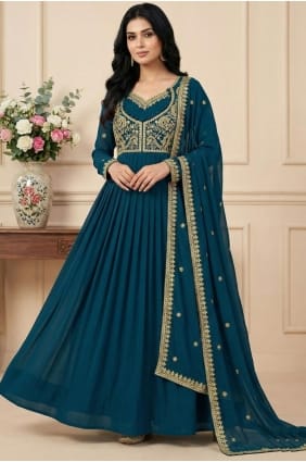 Salwar Kameez brodé turquoise en georgette AS4263
