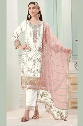 Ensemble salwar kameez en georgette blanche avec broderies SK156032