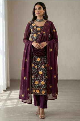 Salwar Kameez en georgette filée couleur vin avec dupatta SK15647