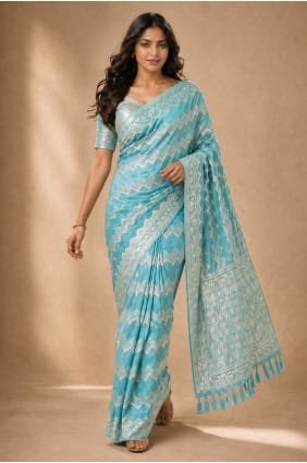 Sari en georgette bleu turquoise imprimé numériquement SR30224