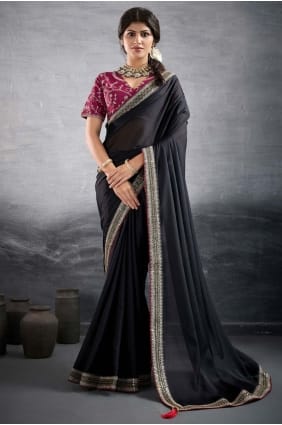 Sari noir brodé en georgette SR29221