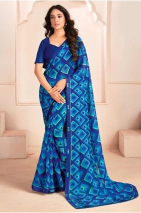 sari en georgette bleu avec imprimé SR28414