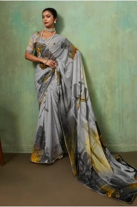 Sari en georgette imprimée grise avec chemisier assorti SR29965