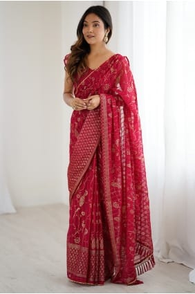 Sari en georgette de dentelle rose avec chemisier assorti SR30010