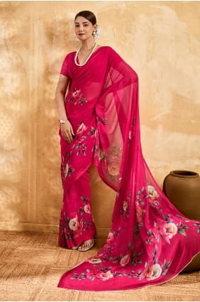 Sari en georgette imprimée rose avec chemisier assorti SR29957
