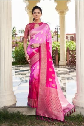Sari en georgette rose avec chemisier assorti SR29409