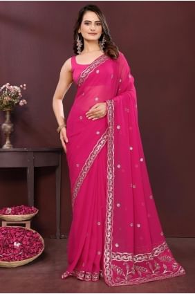 Sari brodé en georgette rose SR28887