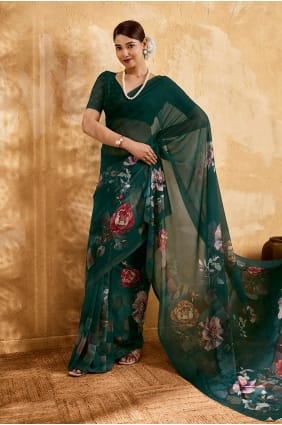 Sari en georgette imprimée vert bouteille avec chemisier assorti SR29962