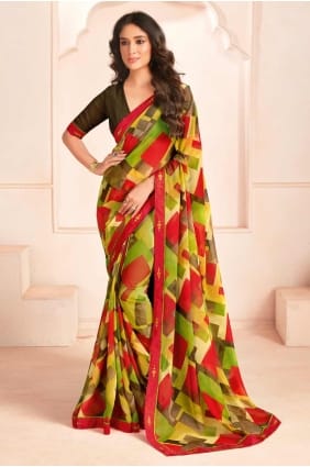 sari en georgette avec imprimé vert SR28409
