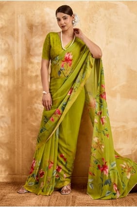 Sari imprimé vert perroquet en georgette SR29961