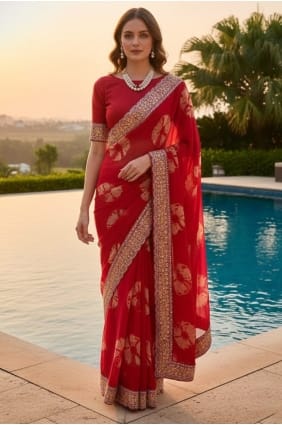 Sari en georgette rouge à imprimé SR29343