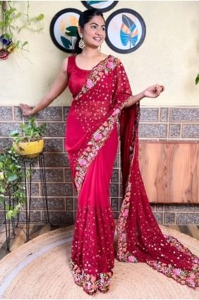 Sari en georgette avec fil à paillettes marron SR28475