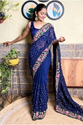 Sari bleu en fil de paillettes Georgette avec chemisier SR28476