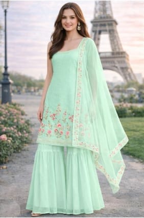 Ensemble Sharara bleu ciel en georgette brodée SS1311