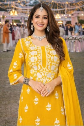 Ensemble Sharara en georgette jaune brodée SS1352
