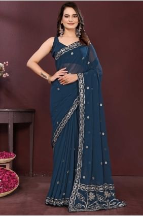 Sari en georgette bleu sarcelle tissé avec chemisier SR28827