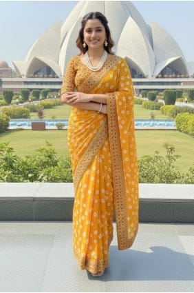 Sari jaune imprimé en georgette SR29371