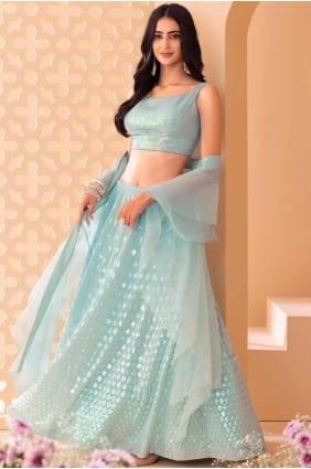 Georgette Lehenga Choli en bleu avec broderie LC8466