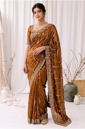 Sari doré en soie à la main, orné de sequins SR30191