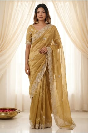 Sari doré en satin brodé avec chemisier assorti SR30142