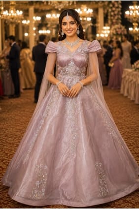 Robe longue rose en tulle brodé avec dupatta GW1295