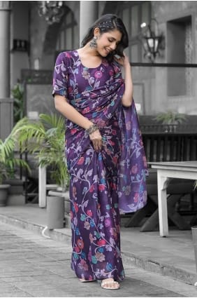 Robe longue violette en georgette imprimée GW1269