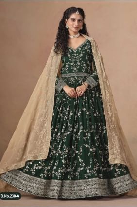 Ensemble Anarkali en georgette synthétique verte avec broderies AS4136