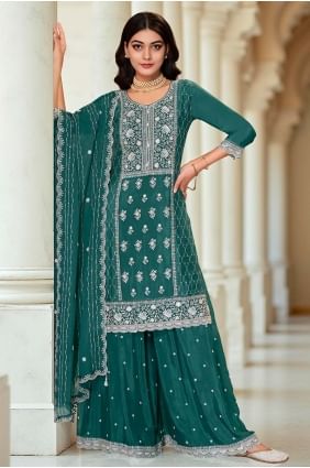 Costume Sharara en mousseline de soie vert avec broderie SS1266