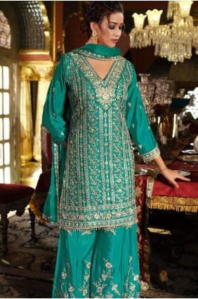 Ensemble Sharara en mousseline verte avec pierres et perles SS1301