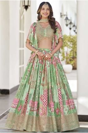 Lehenga choli vert en mousseline de soie à imprimé numérique LC8549