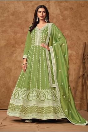 costume anarkali vert de l'Aïd avec soie brodée AS4039