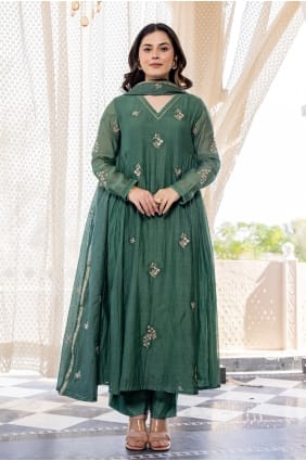 Costume Anarkali Vert Brodé en Chanderi AS4320