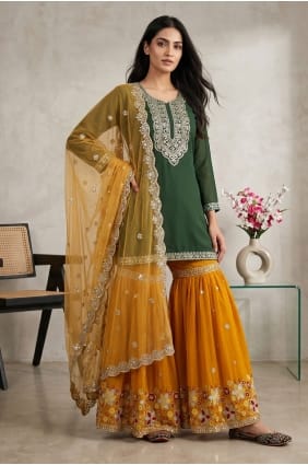 Ensemble Sharara en georgette synthétique verte avec broderies SS1390