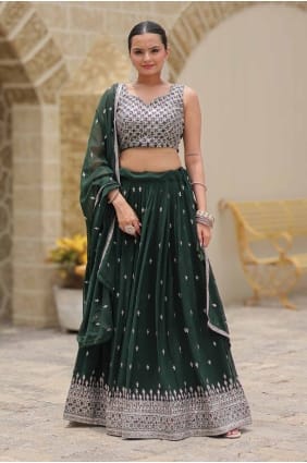 Fausse Georgette verte brodée lehenga choli de fête avec dupatta LC8282