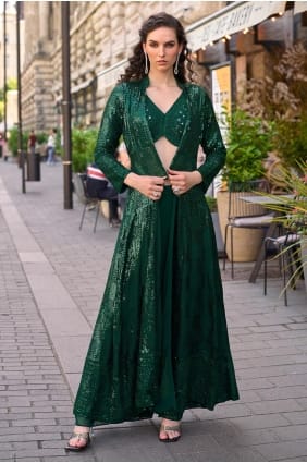Kurta occidentale en georgette Indow verte avec broderies SK15810